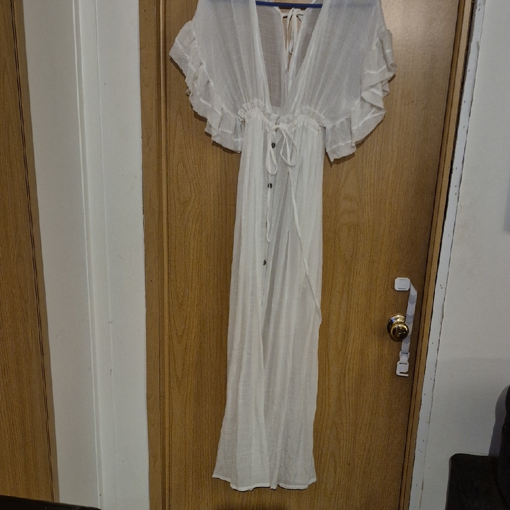 White Flowing Swim Coverup with Ruffle Sleeves